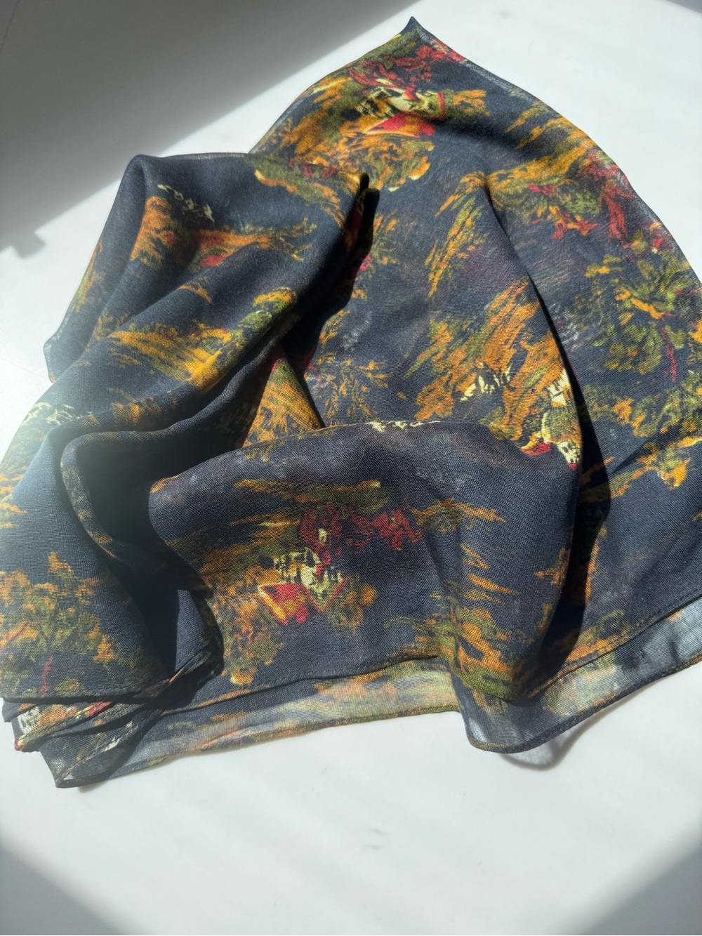 Patricia Nash Black Scarf with Mustard, Olive & Red horse Print